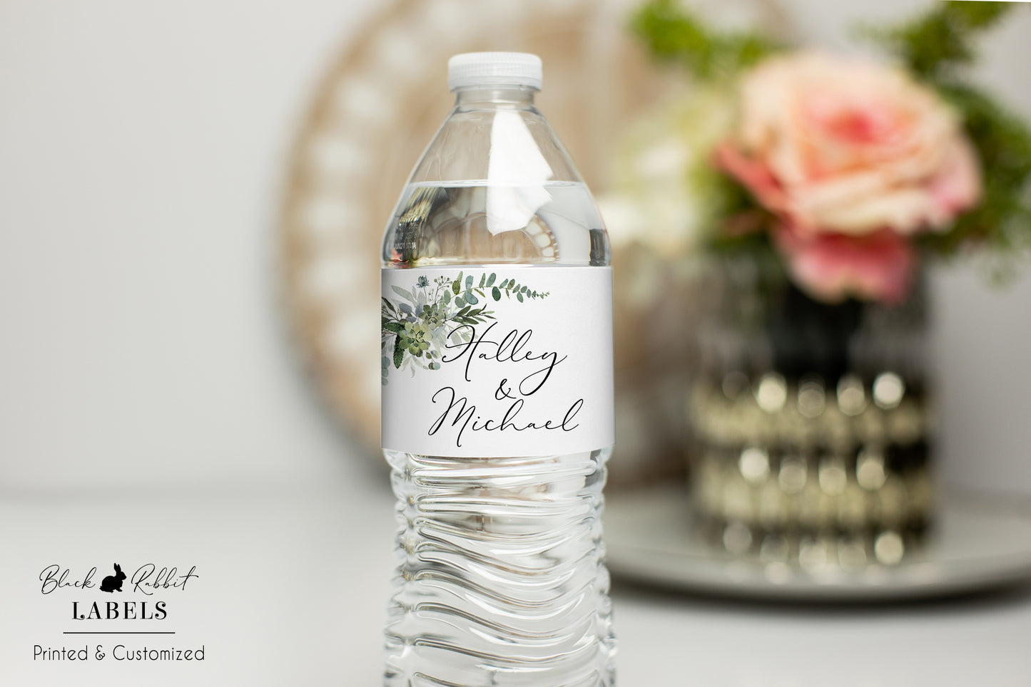 Printed Personalized Water Bottle Labels / Green Leaf Bouquet - GE20