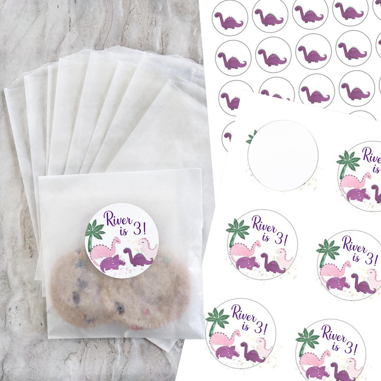 Treat bags and stickers kit - Includes glassine treat bags with 2" and 1" customized stickers - Pink and Purple Dinosaurs / PD23
