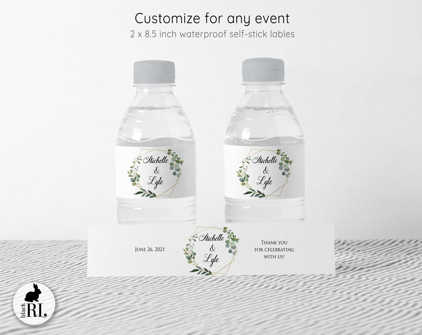 Printed Personalized Water Bottle Labels / Greenery Wreath Geometric Shape - GG18
