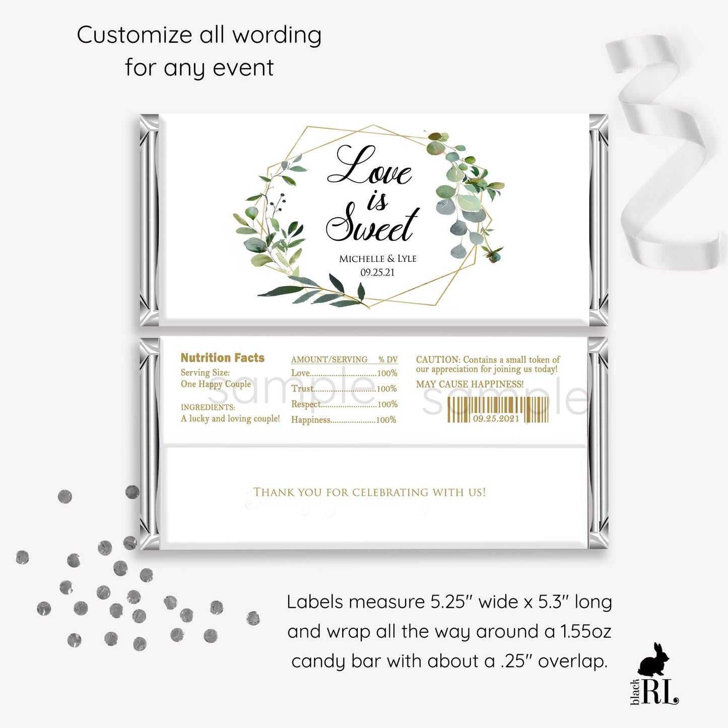 Printed Labels for Full Size Candy/Chocolate Bar / Greenery in Geometric Shape - GG18