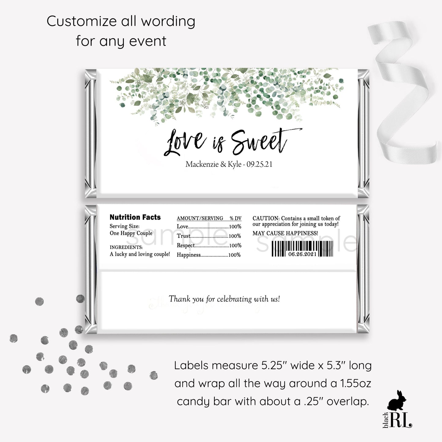 Printed Labels for Full Size Candy/Chocolate Bar / Falling Eucalyptus - FE20