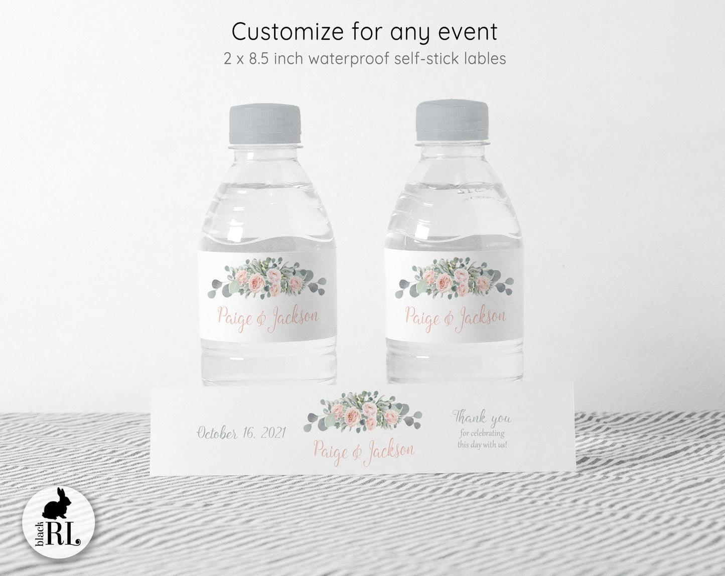 Printed Personalized Water Bottle Labels / Rose Gold Eucalyptus Floral Bouquet - RE19