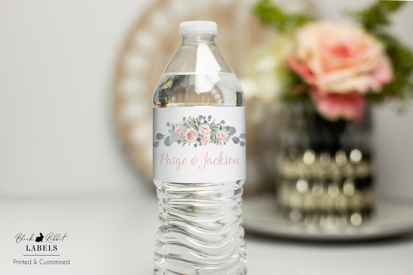 Printed Personalized Water Bottle Labels / Rose Gold Eucalyptus Floral Bouquet - RE19