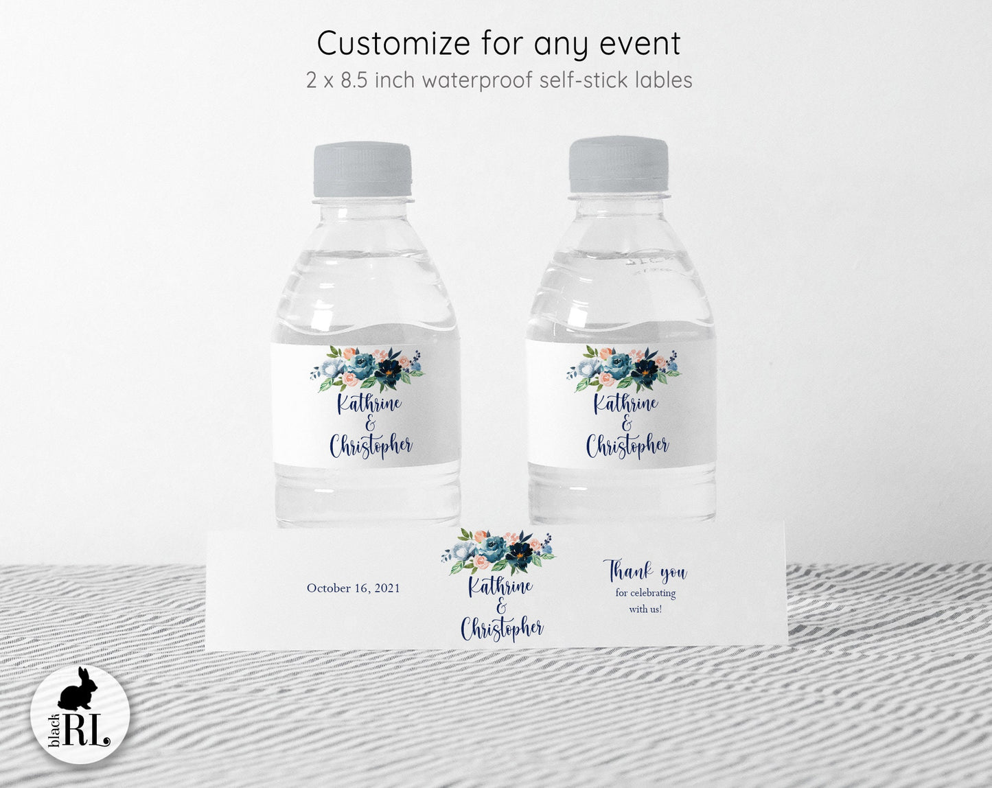Printed Personalized Water Bottle Labels / Dusty Blue, Navy and Peach Flowers - DB19