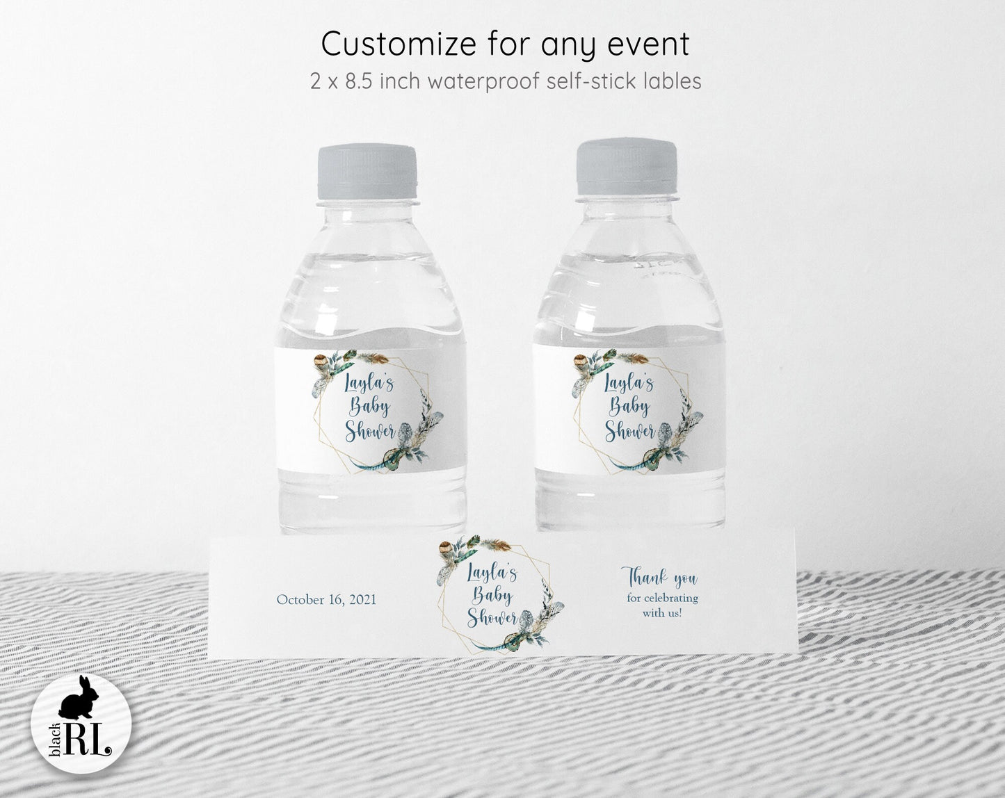 Printed Personalized Water Bottle Labels / Boho Feathers - FW21