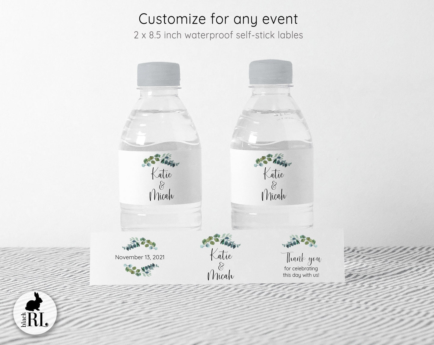 Printed Personalized Water Bottle Labels / Simple Eucalyptus Branch - SE18