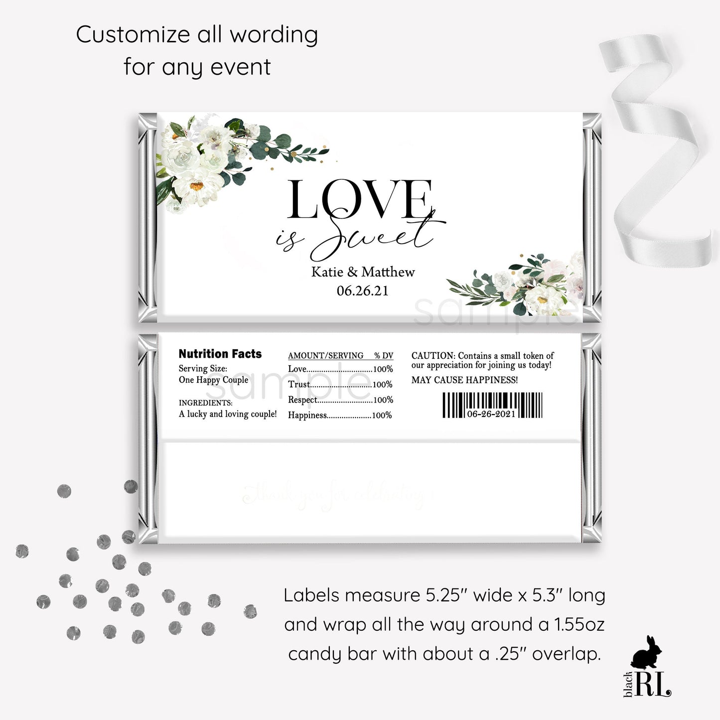 Printed Labels for Full Size Candy/Chocolate Bar / White Flowers in Greenery - WB21