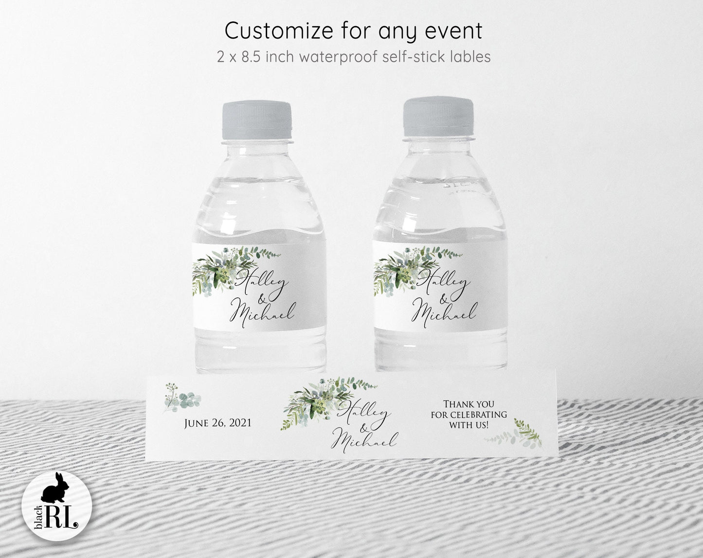 Printed Personalized Water Bottle Labels / Green Leaf Bouquet - GE20