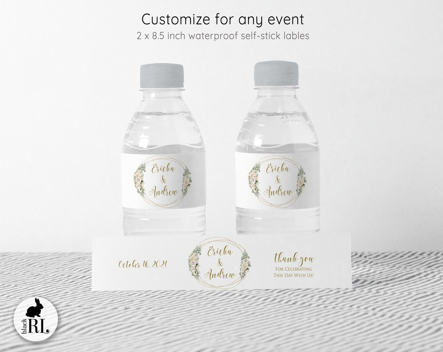 Printed Personalized Water Bottle Labels / White Flowers in Gold Circle Frame - WG18