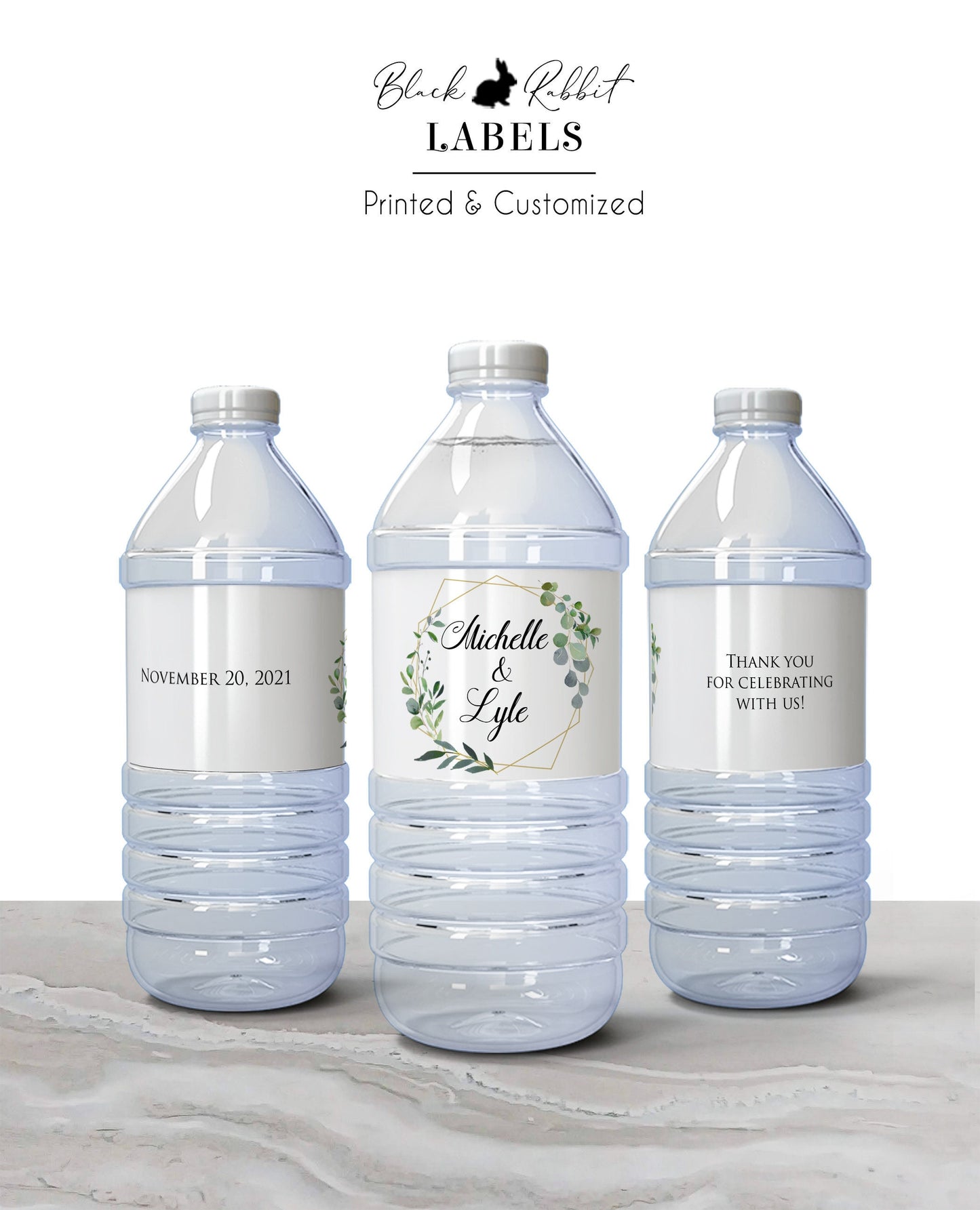 Printed Personalized Water Bottle Labels / Greenery Wreath Geometric Shape - GG18