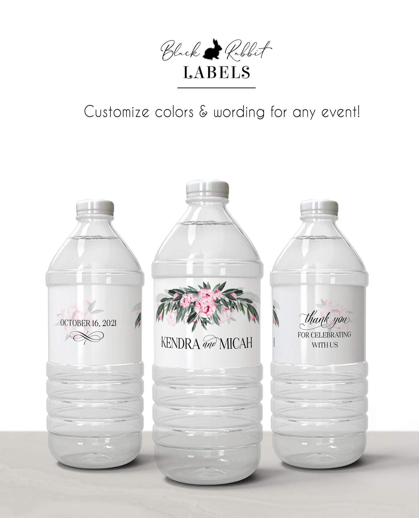 Printed Personalized Water Bottle Labels / Pink Peony Flowers in Greenery - PJ21