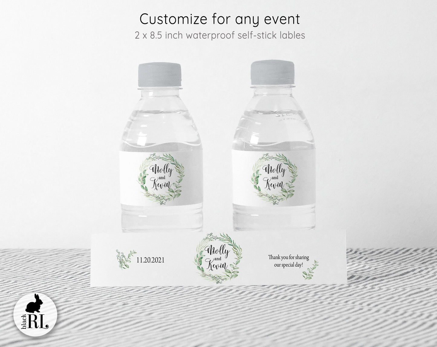 Printed Personalized Water Bottle Labels / Leaf Wreath - LW18