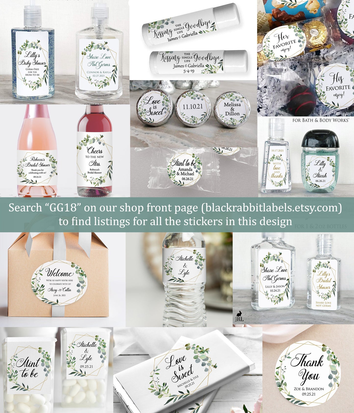 Printed Personalized Water Bottle Labels / Greenery Wreath Geometric Shape - GG18