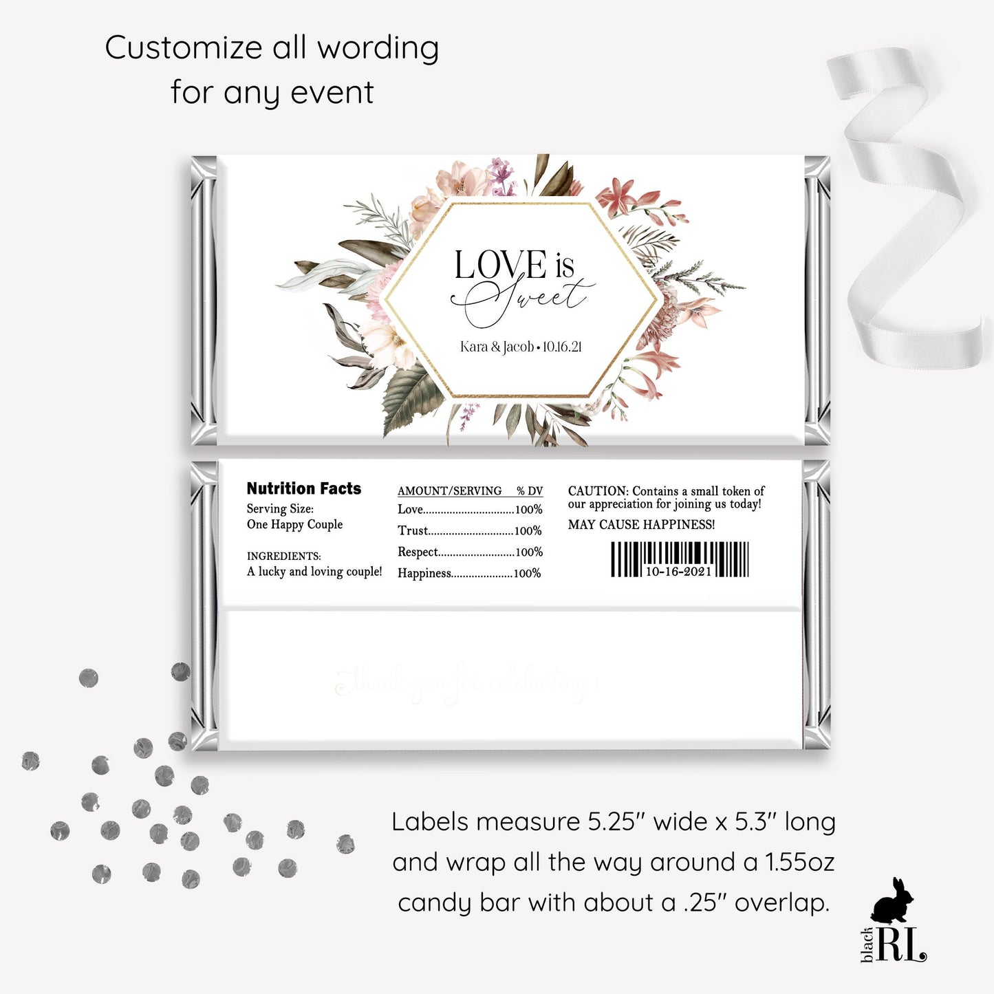 Printed Labels for Full Size Candy/Chocolate Bar / Bohemian Large Blooms - BH21