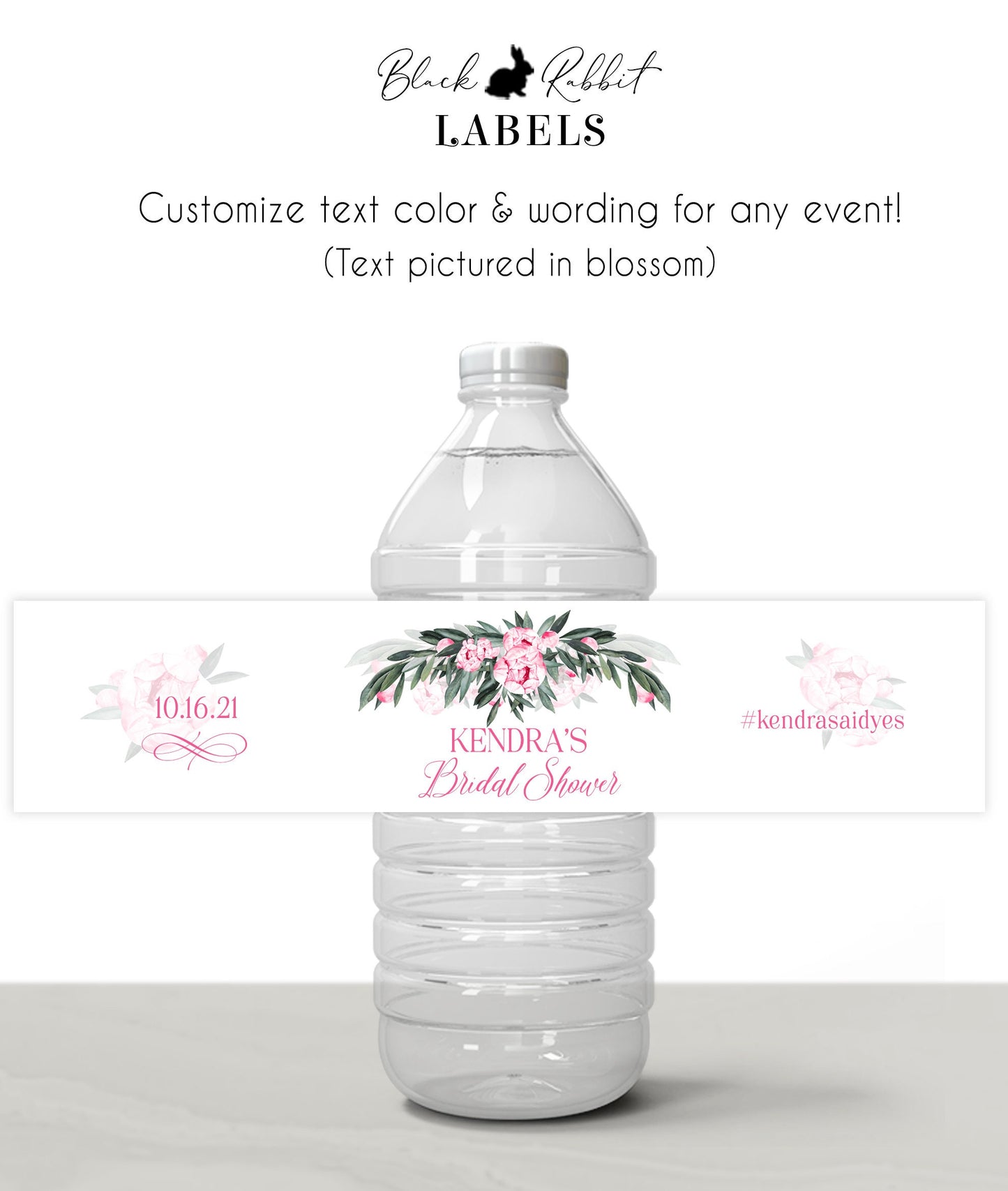Printed Personalized Water Bottle Labels / Pink Peony Flowers in Greenery - PJ21