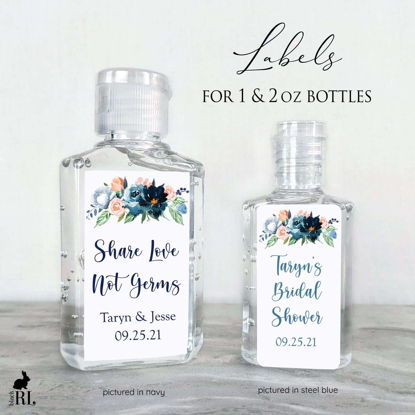 Printed Small Hand Sanitizer Labels / Dusty Blue, Navy and Peach Flowers - DB19