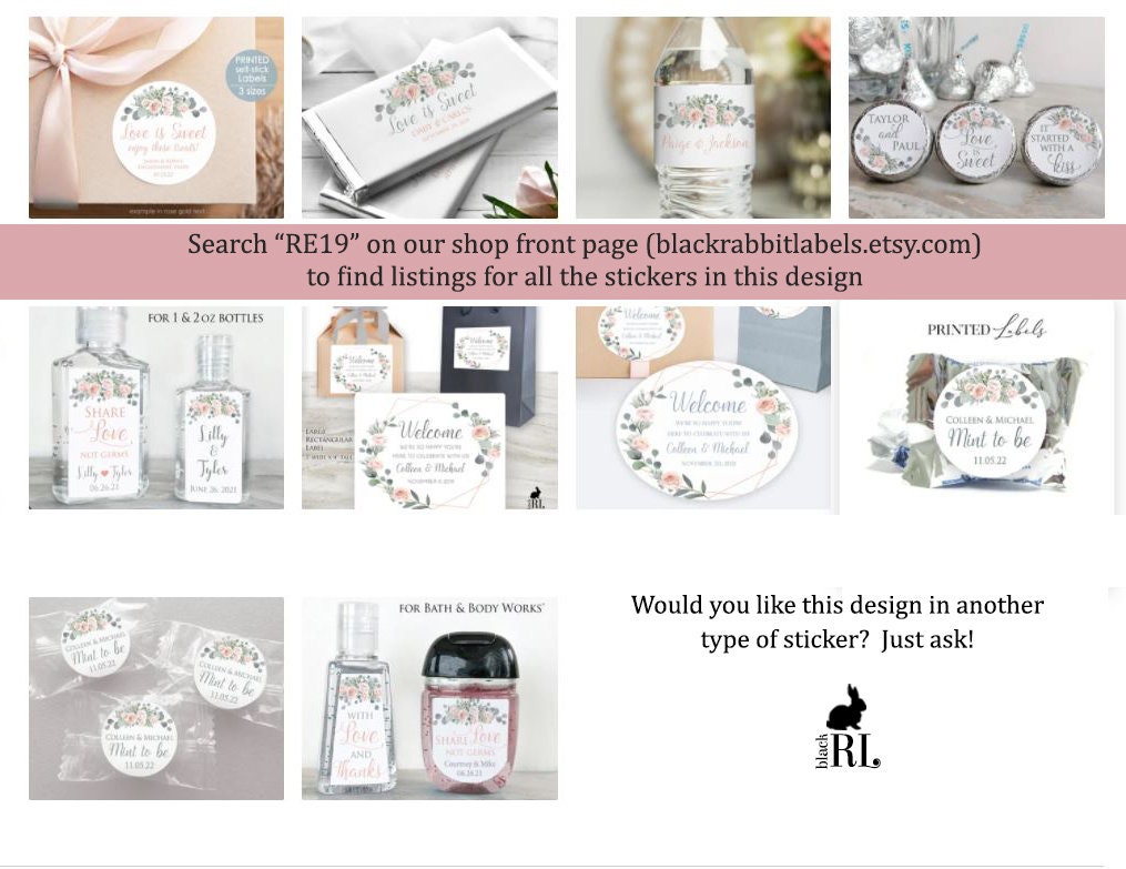Printed Personalized Water Bottle Labels / Rose Gold Eucalyptus Floral Bouquet - RE19