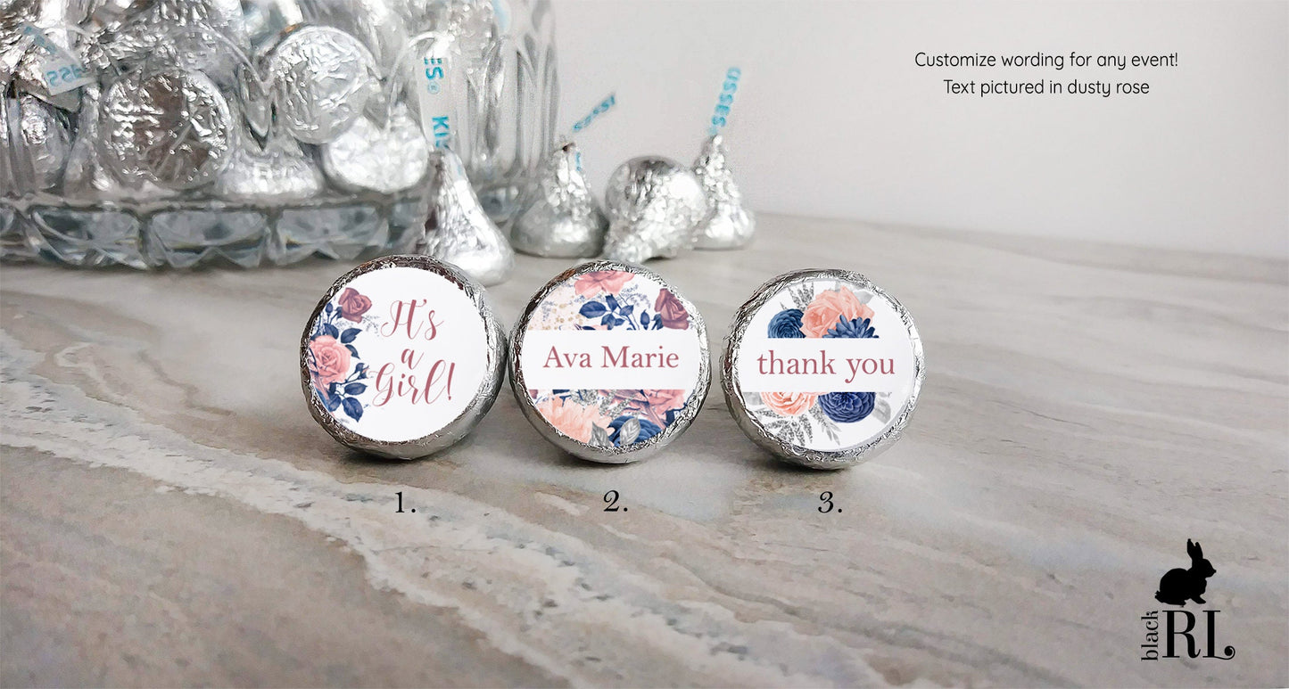 Printed Chocolate Kiss Stickers / Blush and Navy Flowers - BD22