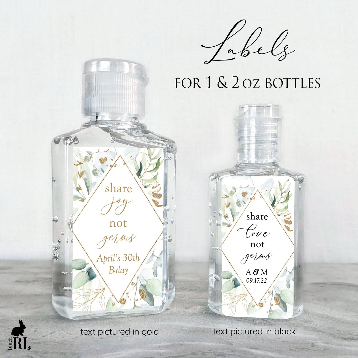 Printed Small Hand Sanitizer Labels / Soft Greenery in Gold Shape - GZ21