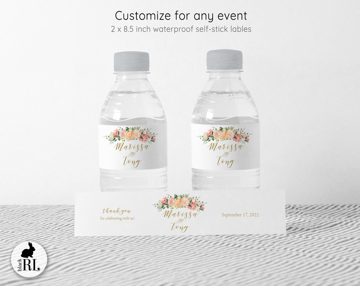 Printed Personalized Water Bottle Labels / Peach and Coral Bouquet - PQ18