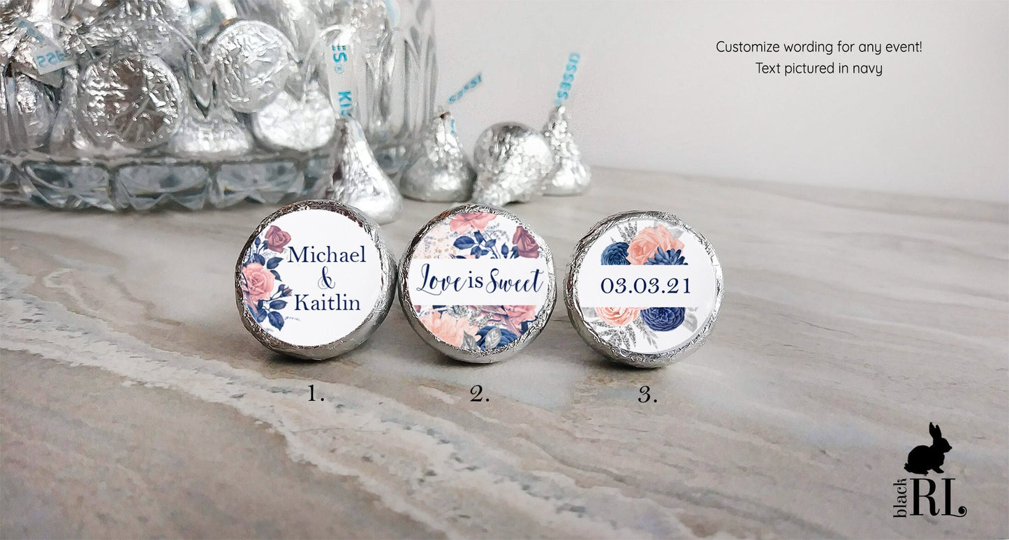 Printed Chocolate Kiss Stickers / Blush and Navy Flowers - BD22