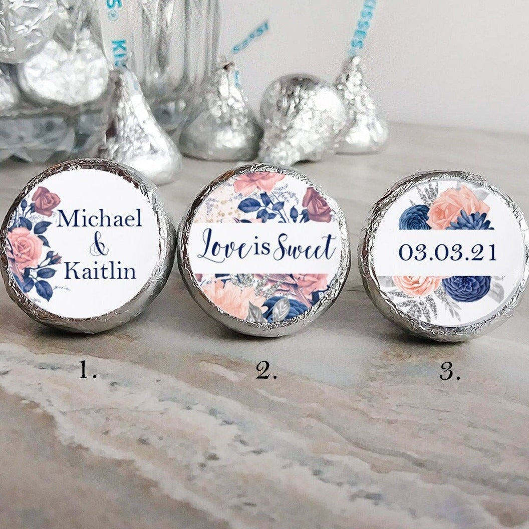 Printed Chocolate Kiss Stickers / Blush and Navy Flowers - BD22