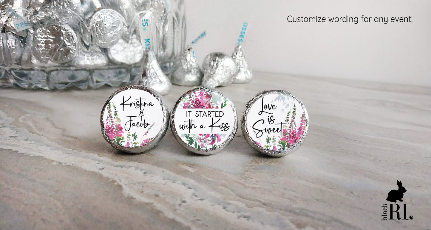 Printed Chocolate Kiss Stickers / Emerald & Fuchsia Blooms - EF22