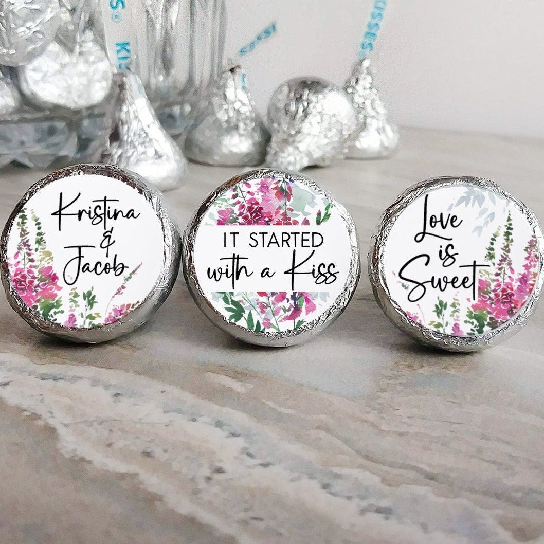 Printed Chocolate Kiss Stickers / Emerald & Fuchsia Blooms - EF22