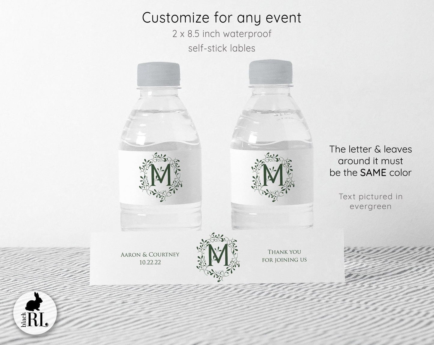 Printed Personalized Water Bottle Labels / Leaf Monogram Design - MA22