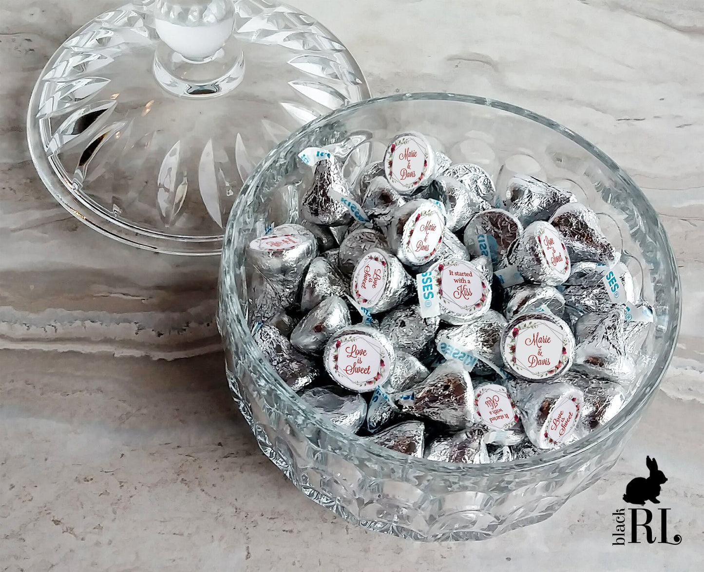 Printed Chocolate Kiss Stickers / Burgundy Red Flowers in Silver Frame - RQ19