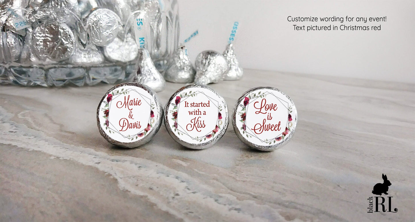 Printed Chocolate Kiss Stickers / Burgundy Red Flowers in Silver Frame - RQ19