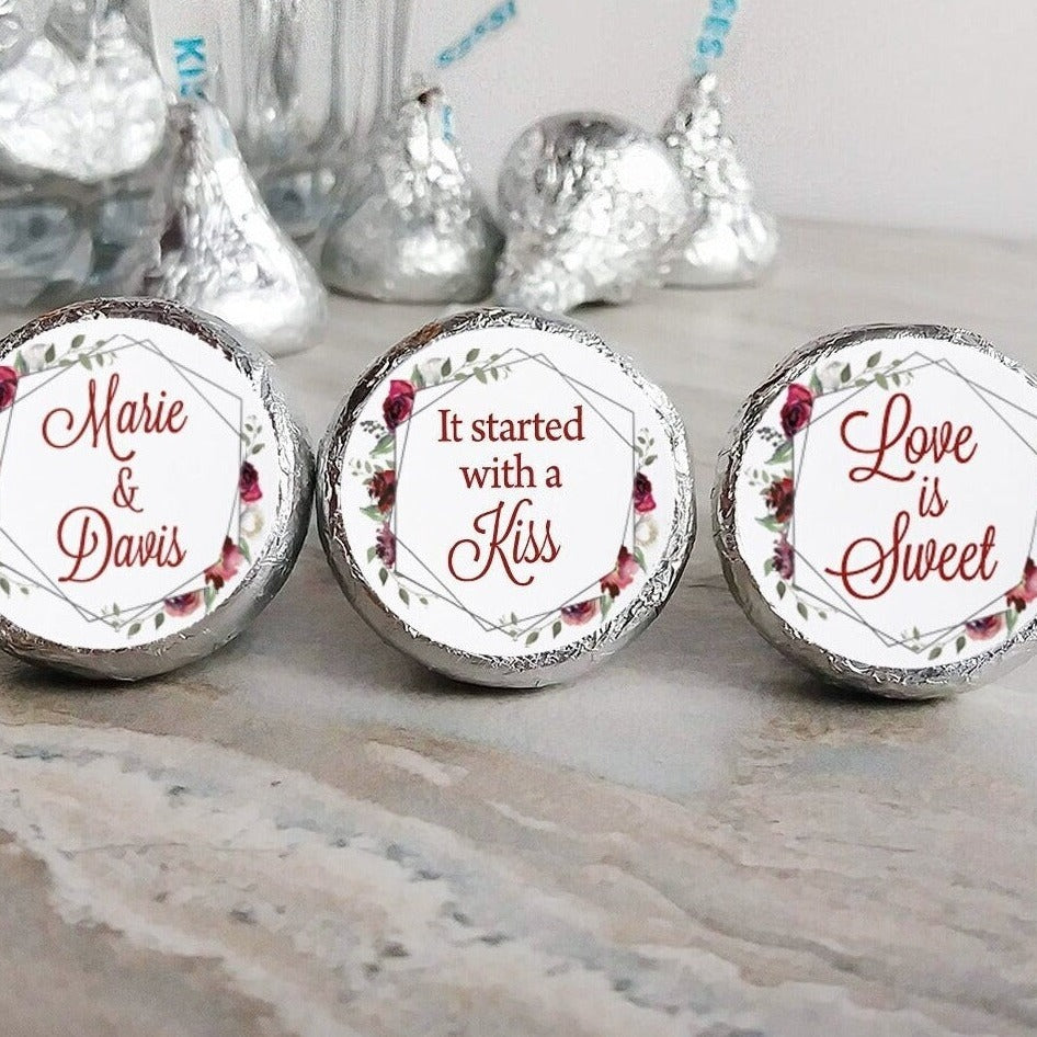 Printed Chocolate Kiss Stickers / Burgundy Red Flowers in Silver Frame - RQ19