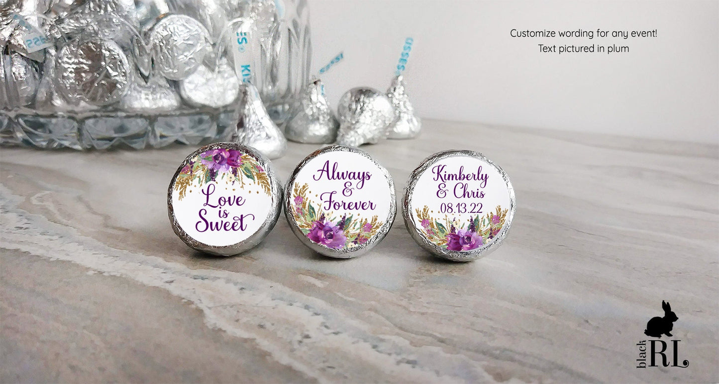 Printed Chocolate Kiss Stickers / Purple Flowers and Gold Glitter - MP18