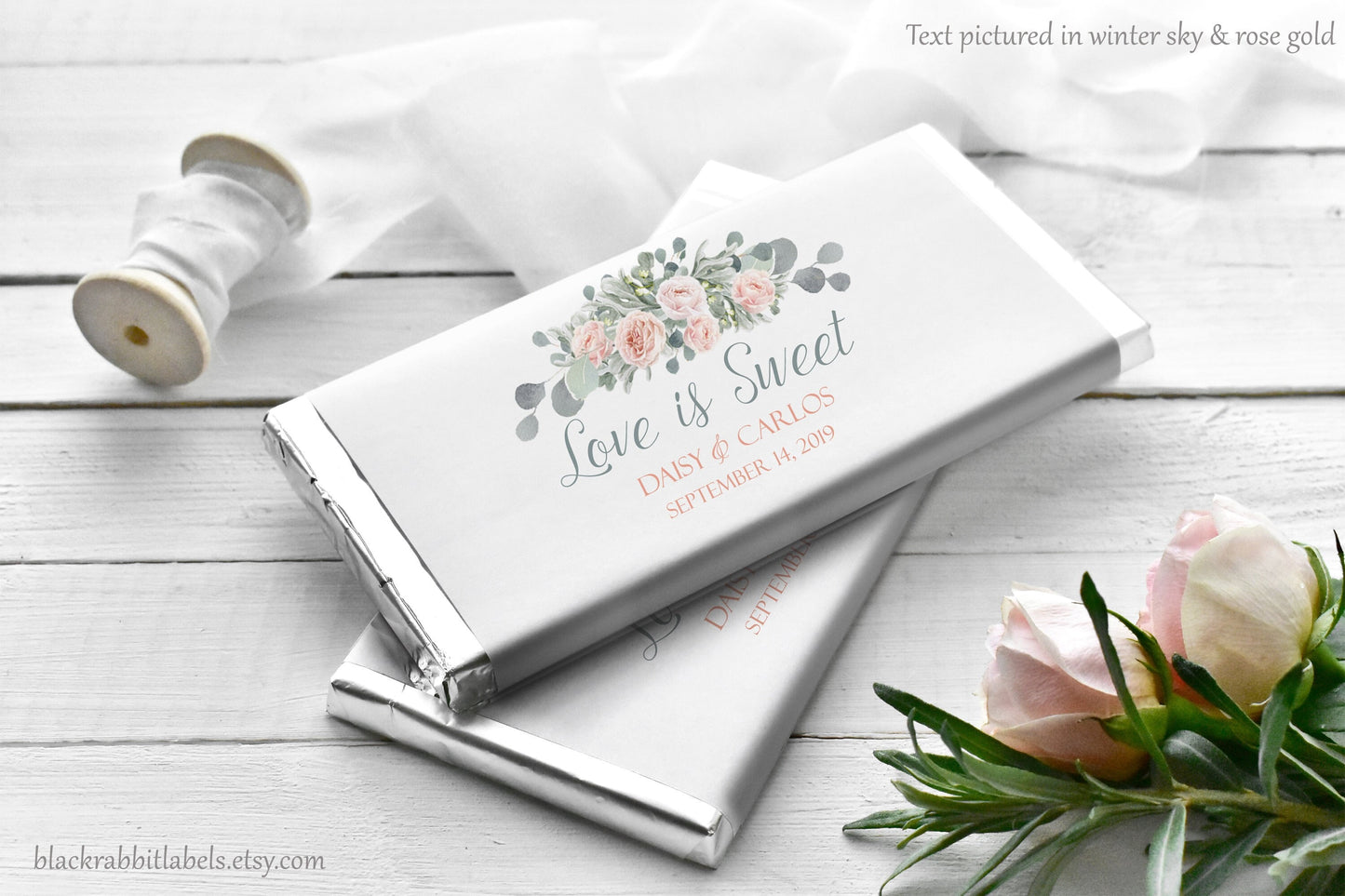 Printed Labels for Full Size Candy/Chocolate Bar / Rose Gold Eucalyptus Bouquet - RE19