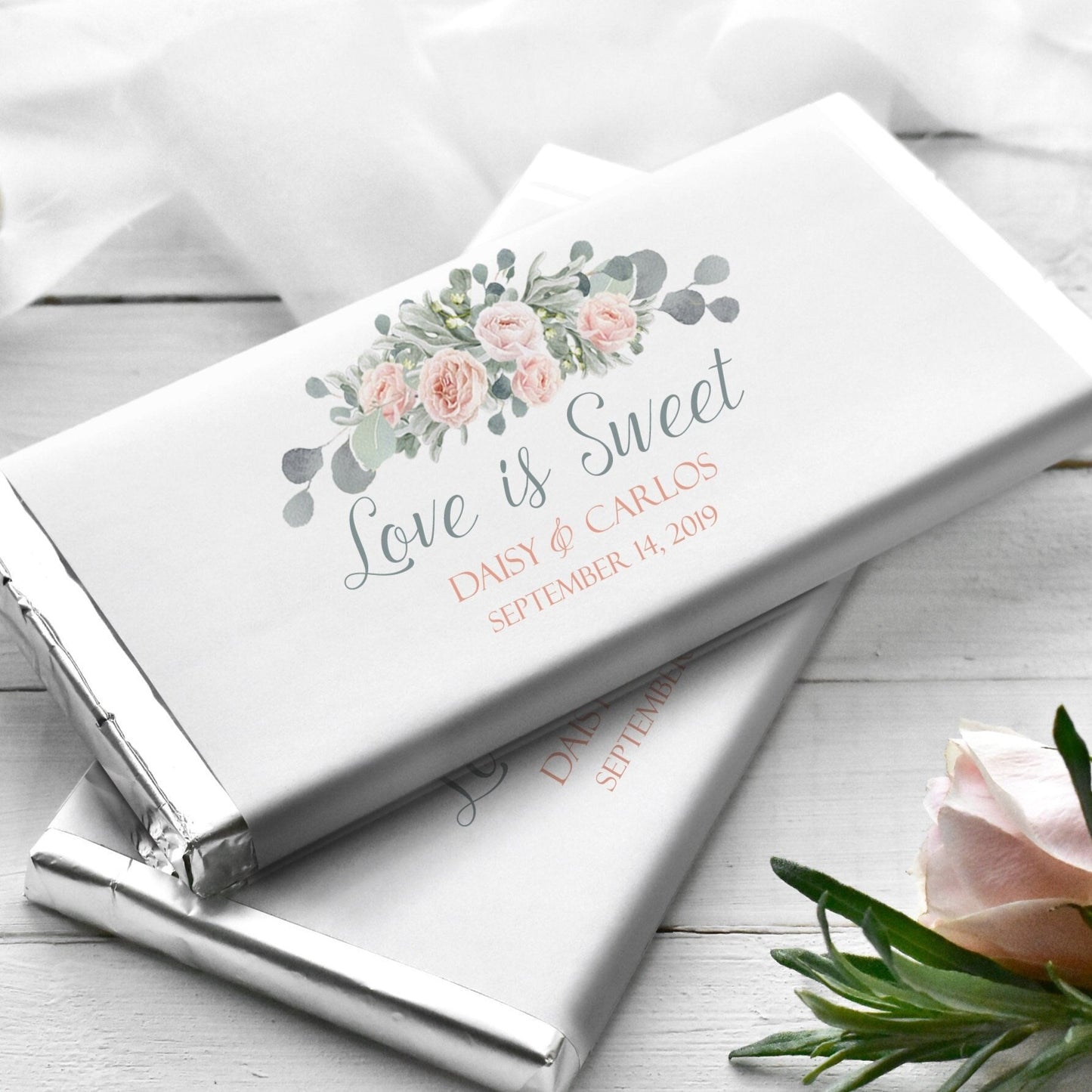 Printed Labels for Full Size Candy/Chocolate Bar / Rose Gold Eucalyptus Bouquet - RE19