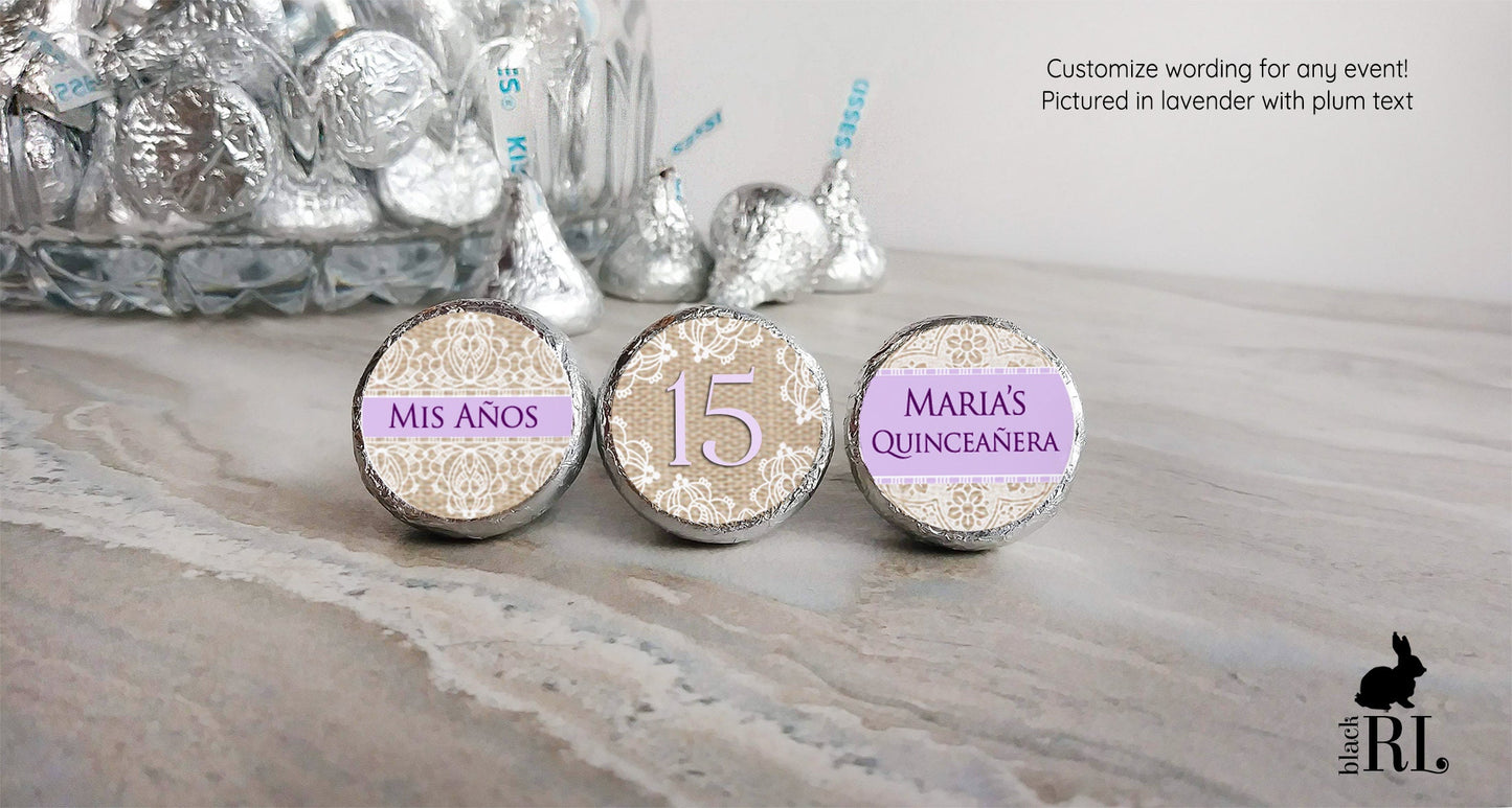 Printed Chocolate Kiss Stickers / Burlap and Lace Stickers - BR16