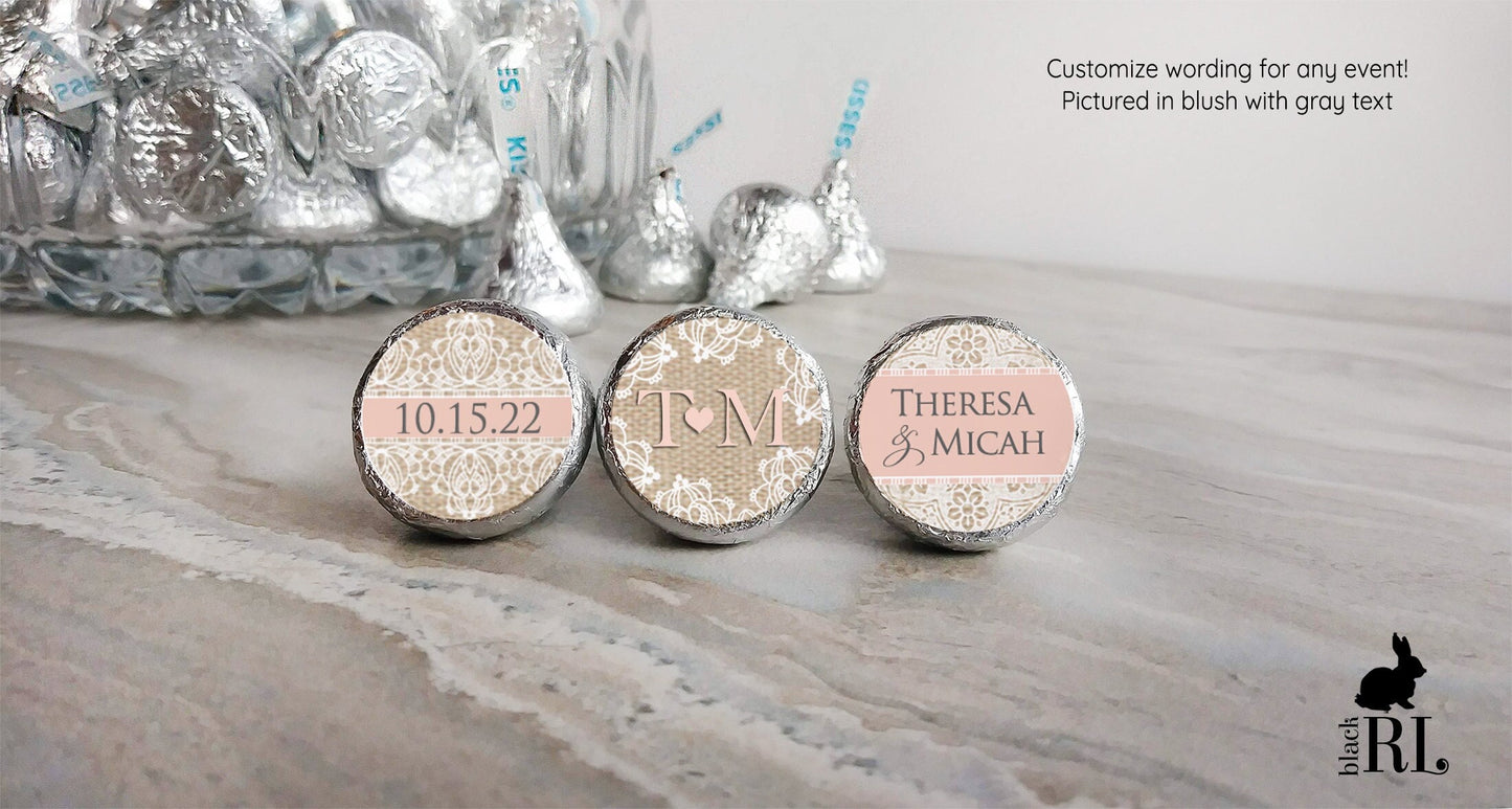 Printed Chocolate Kiss Stickers / Burlap and Lace Stickers - BR16
