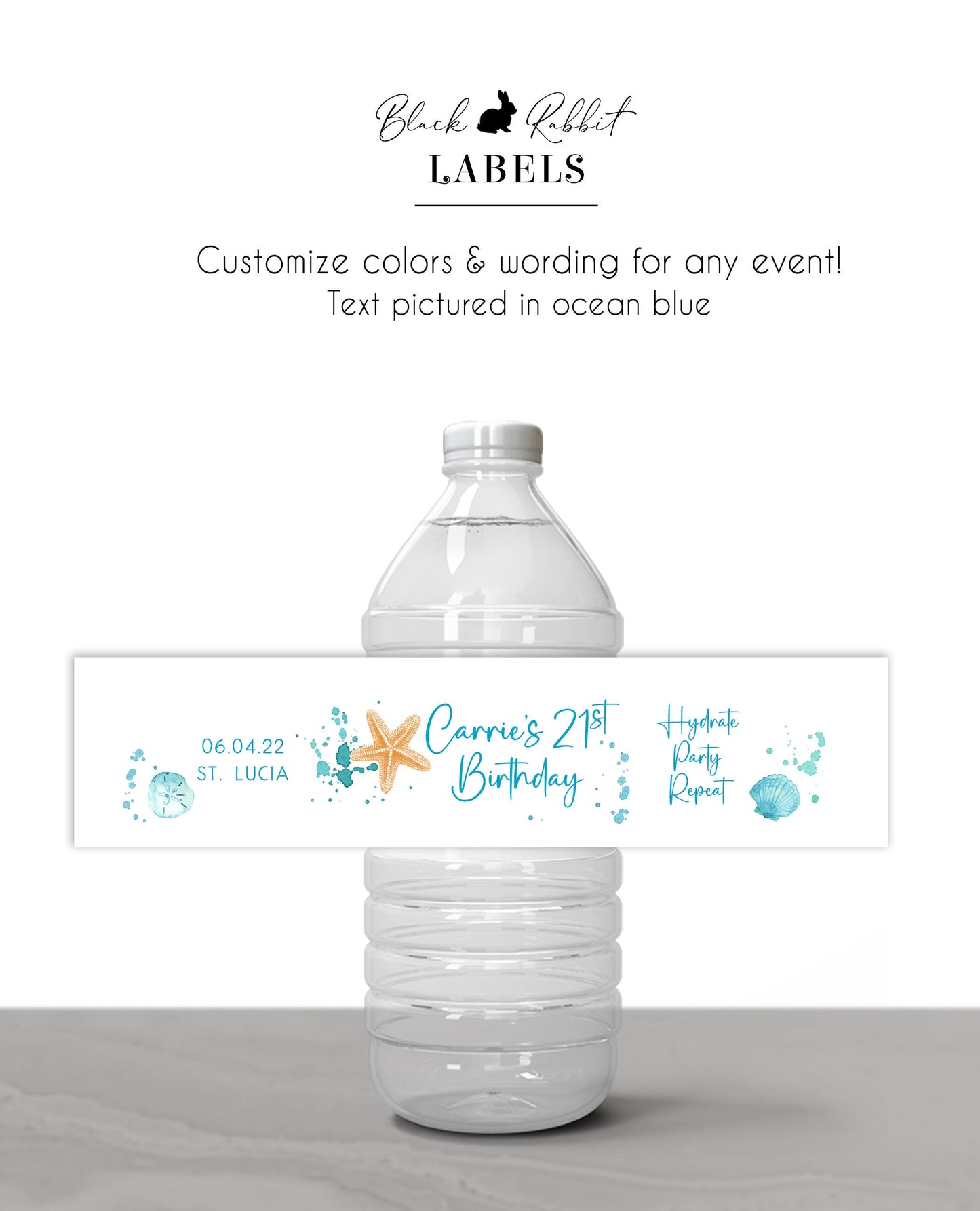 Printed Personalized Water Bottle Labels / Beach, Starfish & Waves - SA22