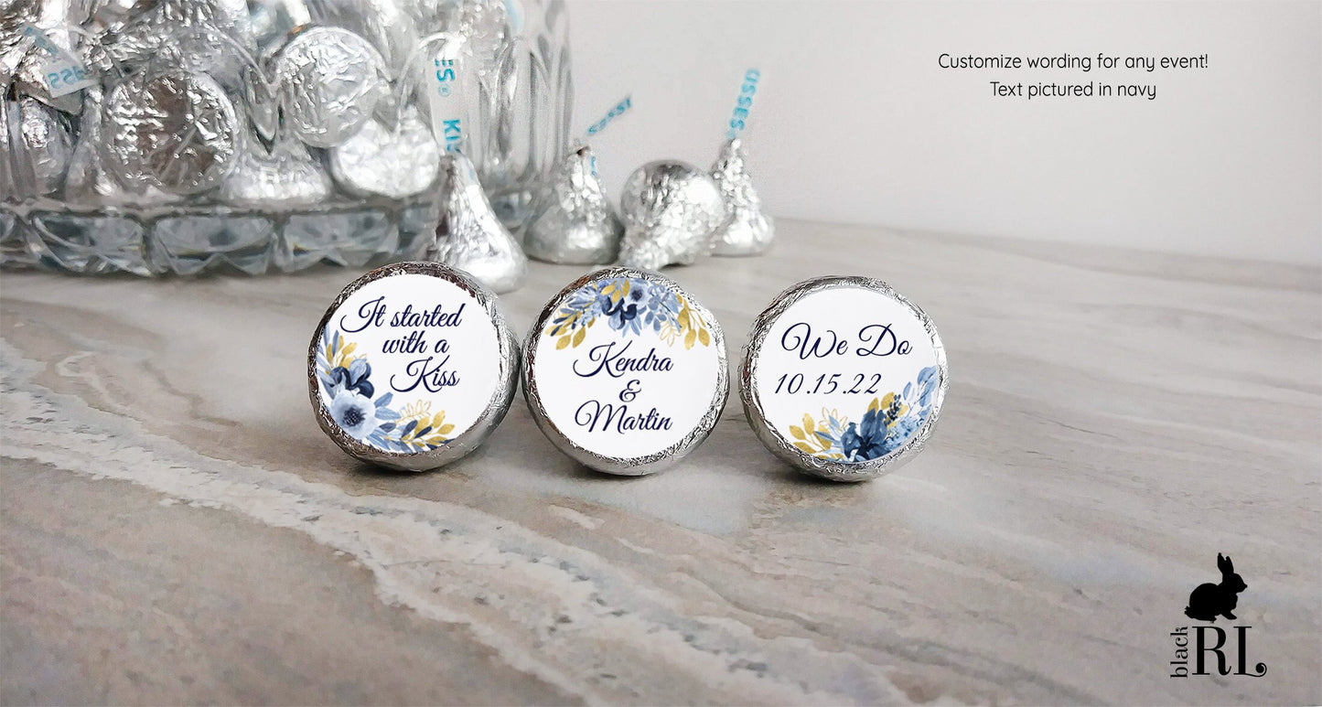 Printed Chocolate Kiss Stickers / Navy and Gold Flowers - NG19