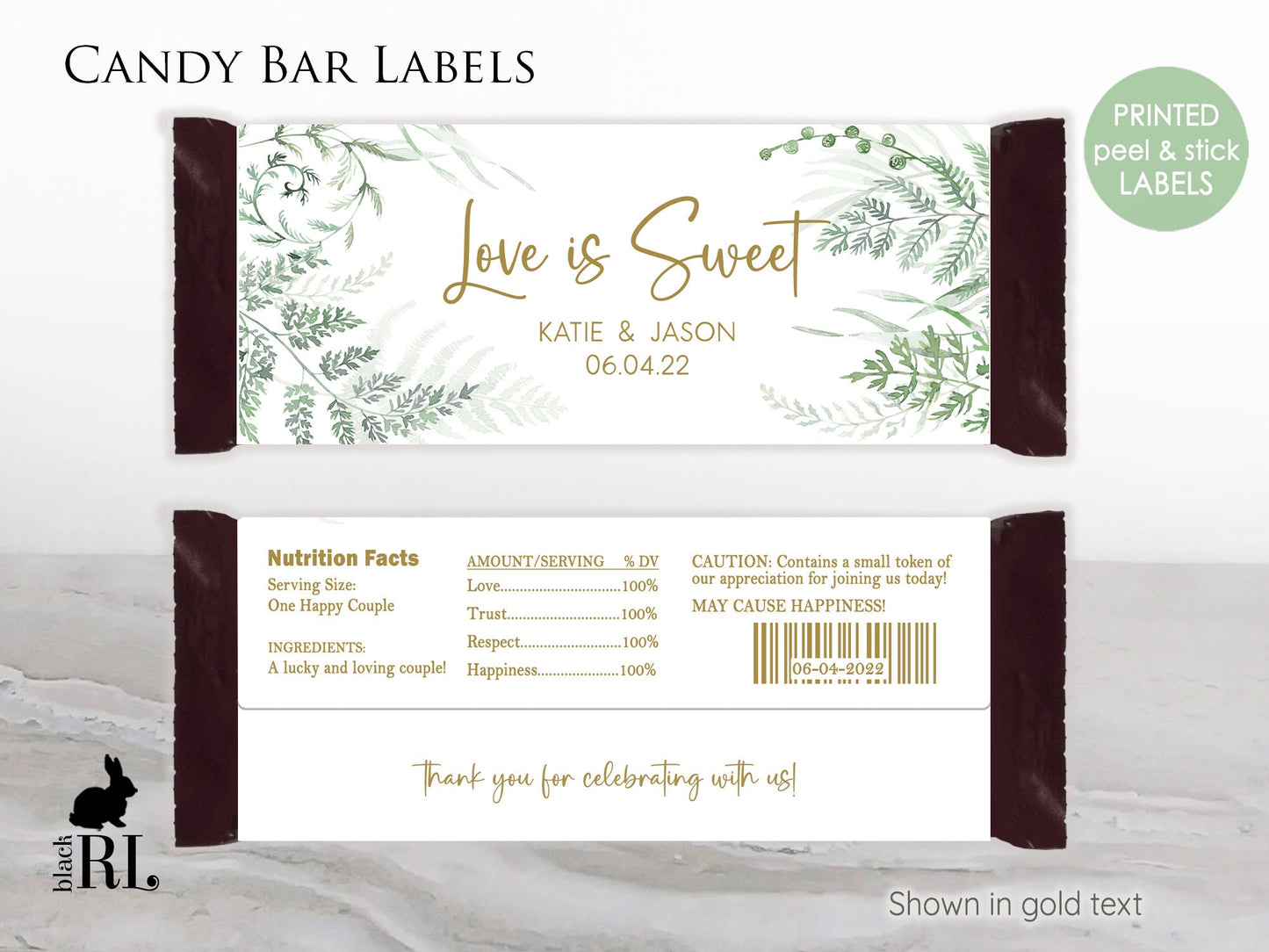 Printed Labels for Full Size Candy/Chocolate Bar / Fern Greenery - FN22