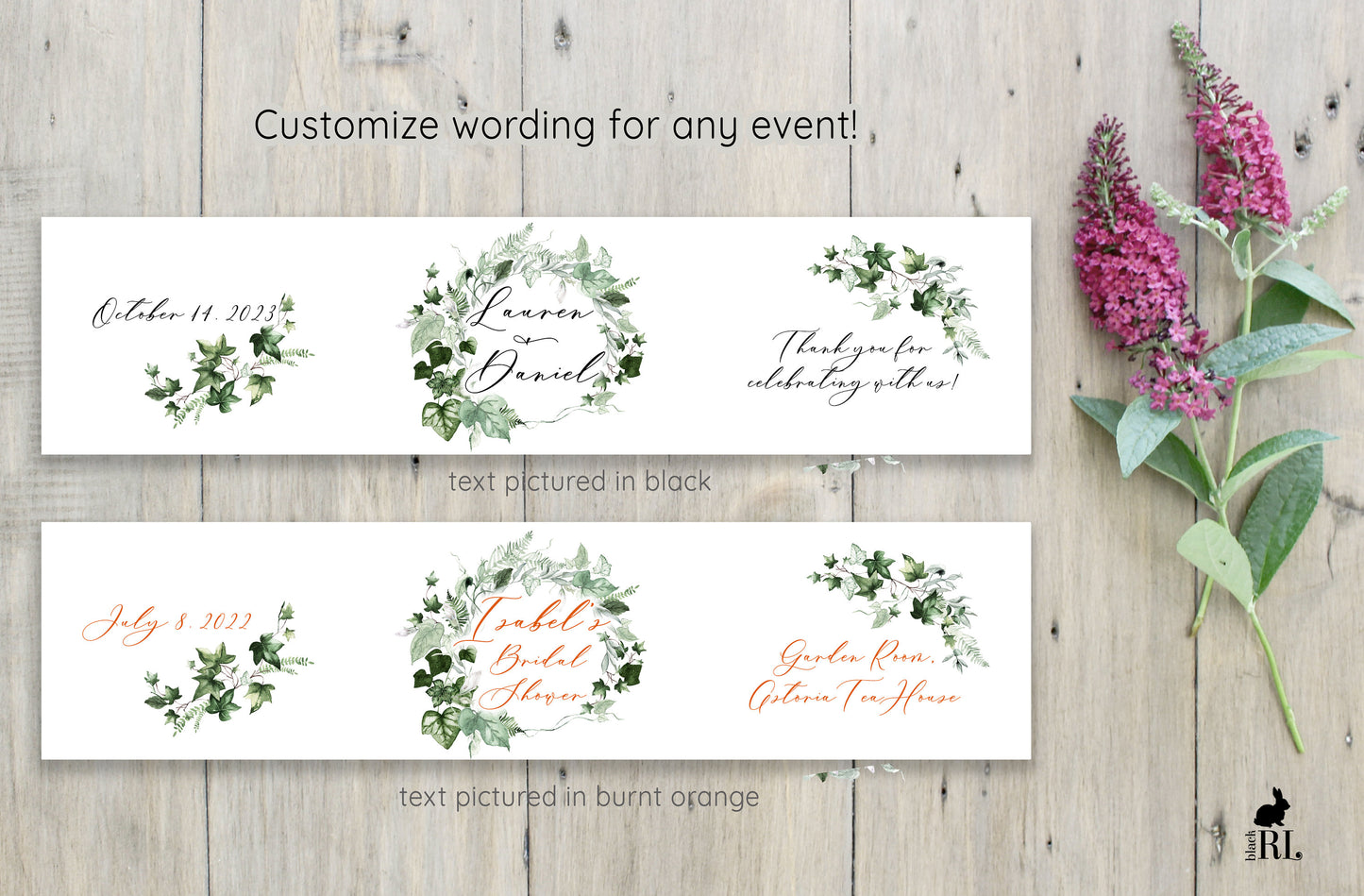 Printed Personalized Water Bottle Labels /Ivy Wreath - IV22