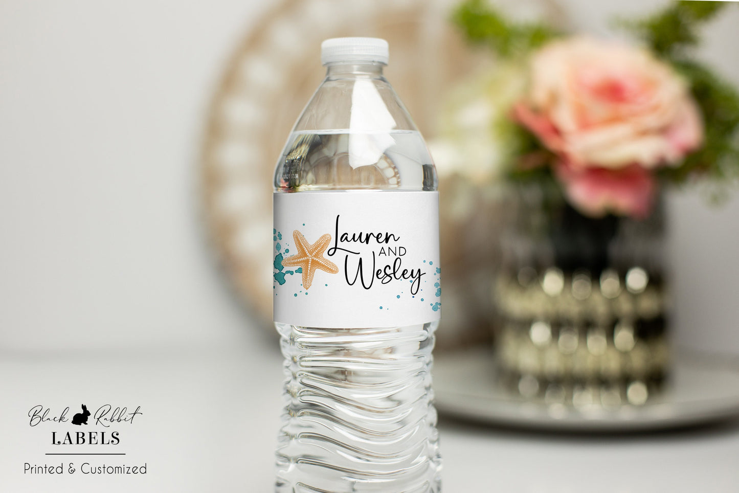 Printed Personalized Water Bottle Labels / Beach, Starfish & Waves - SA22