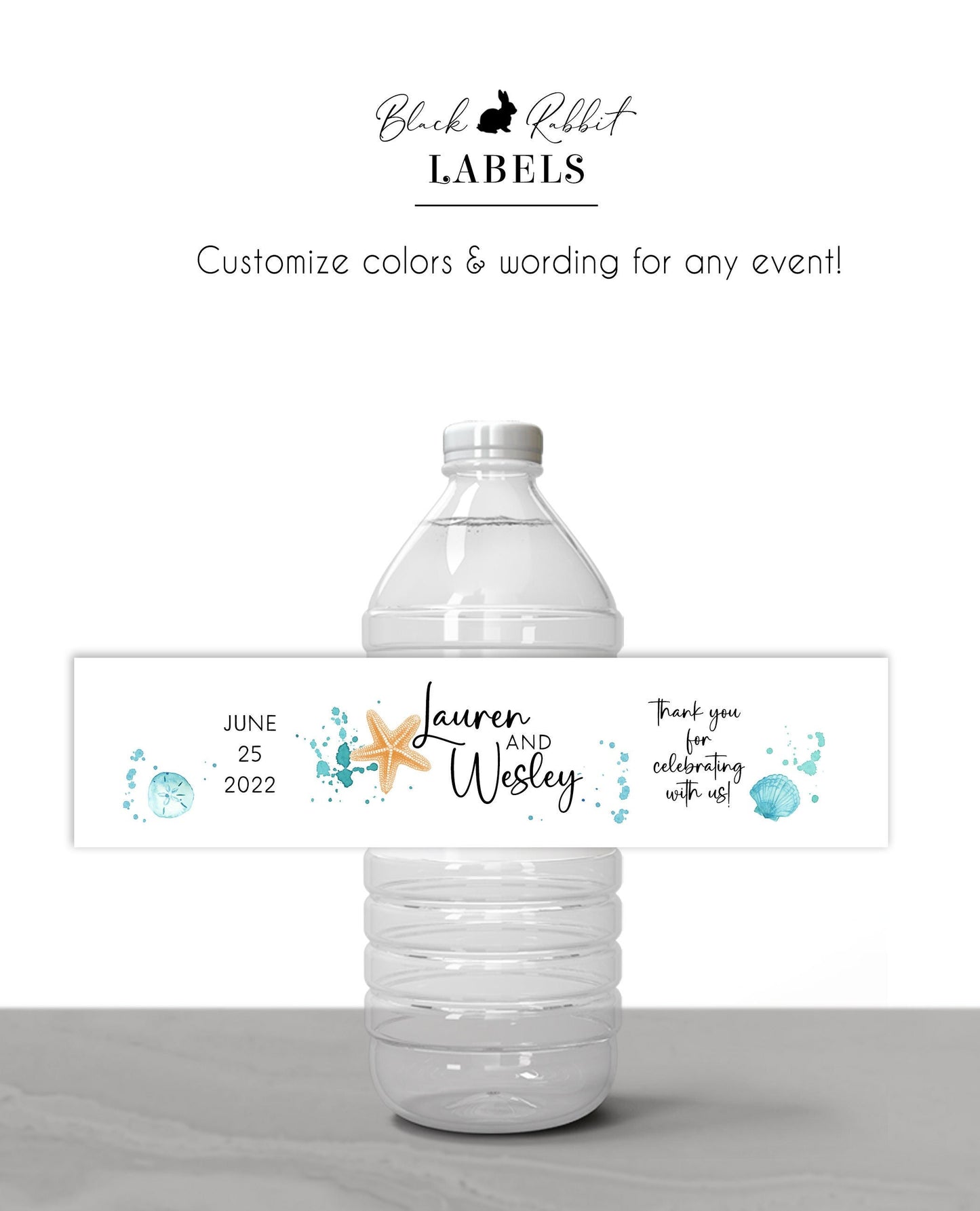 Printed Personalized Water Bottle Labels / Beach, Starfish & Waves - SA22