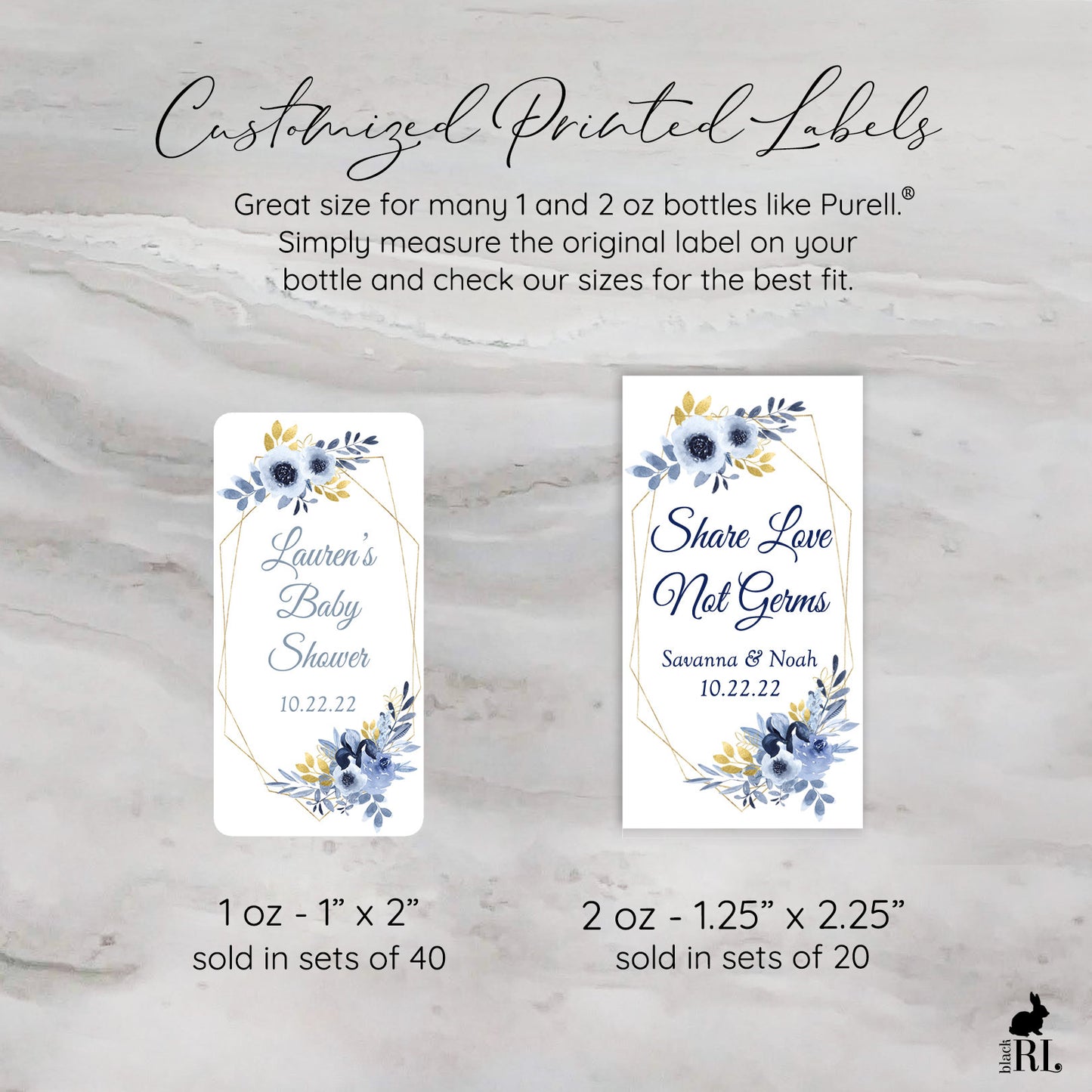 Printed Small Hand Sanitizer Labels / Navy and Gold Flowers - NG19