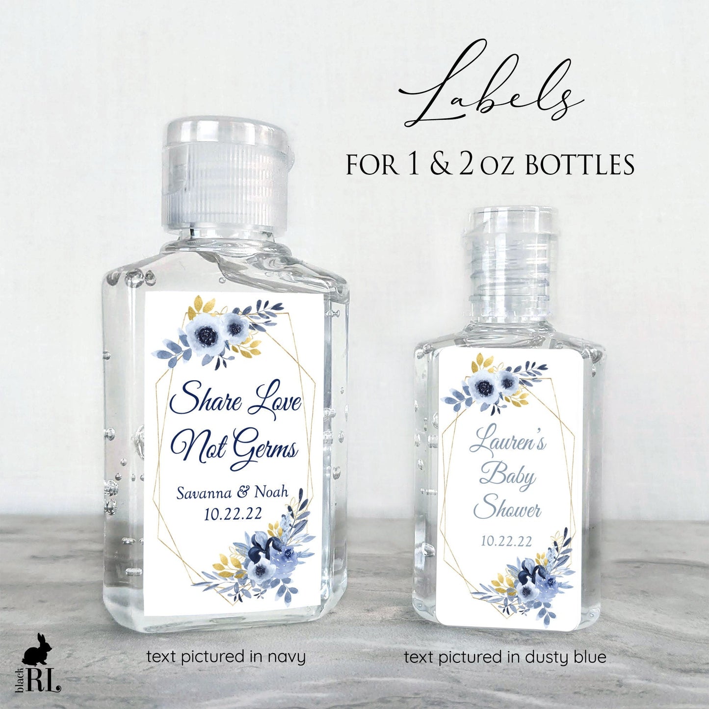 Printed Small Hand Sanitizer Labels / Navy and Gold Flowers - NG19