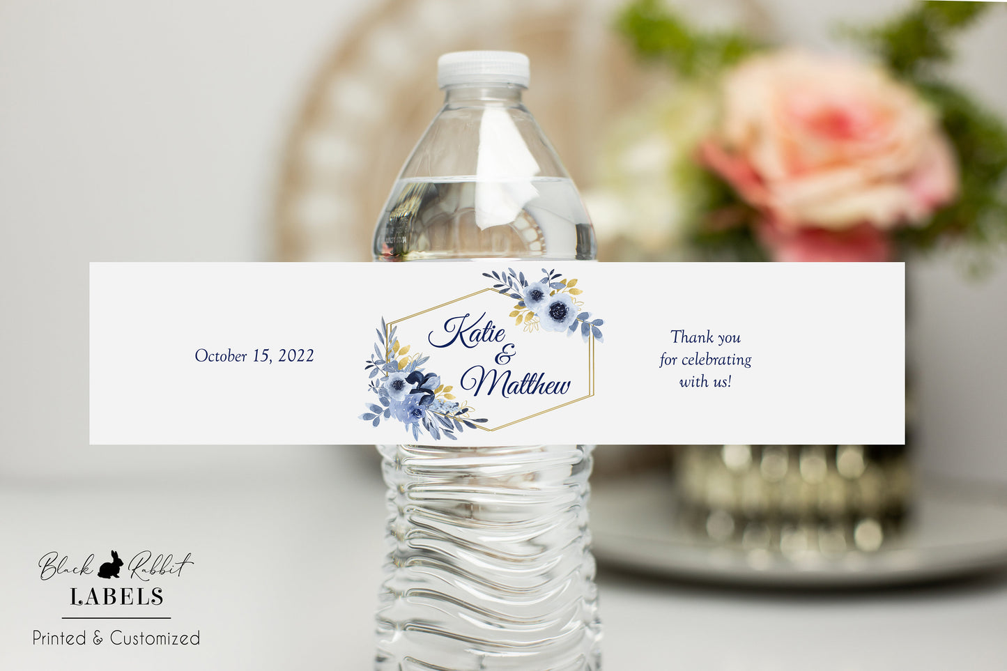 Printed Personalized Water Bottle Labels / Navy and Gold Flowers - NG19