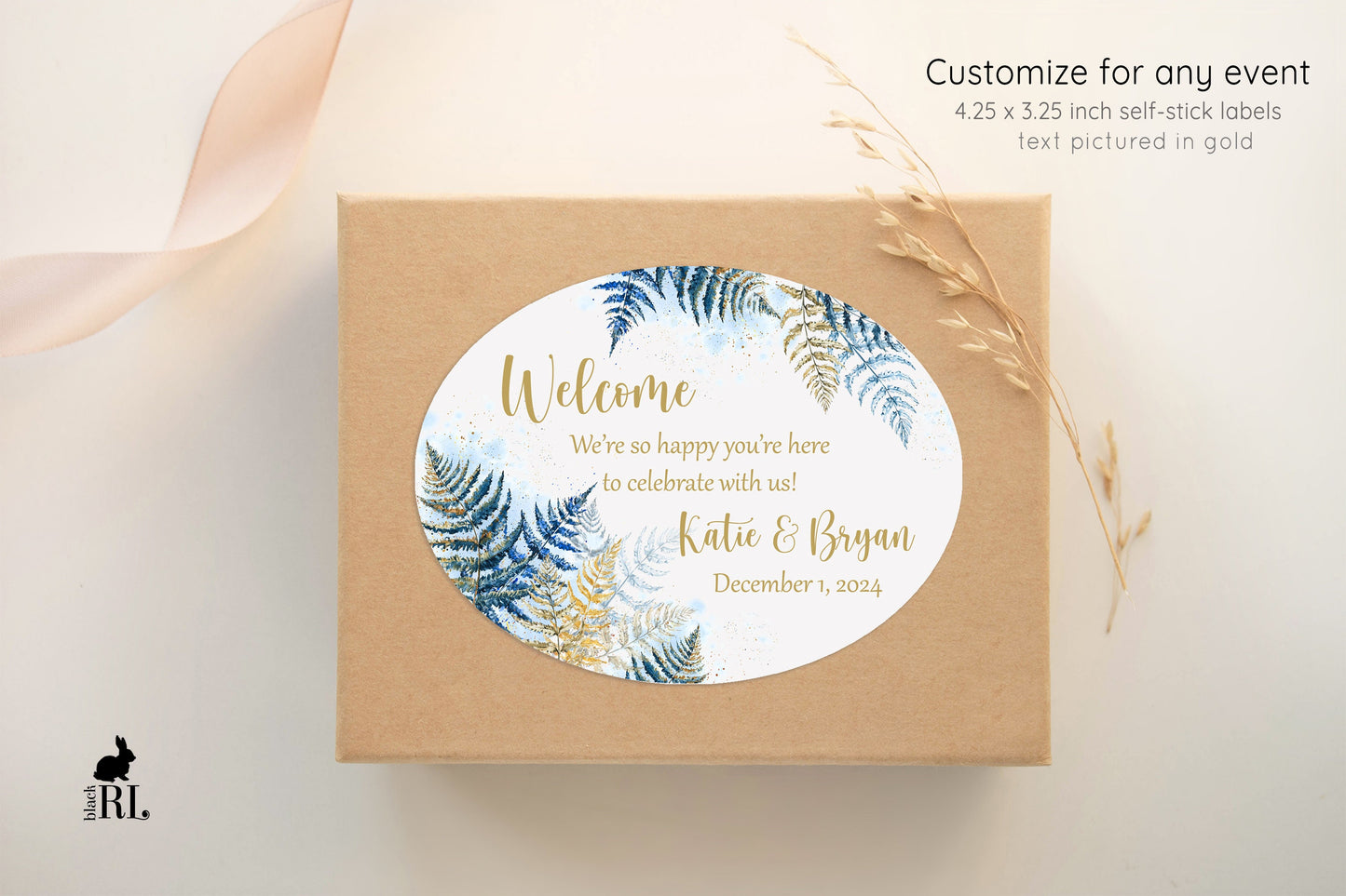 Printed Oval Bag and Box Labels / Winter Blue Ferns - BL22