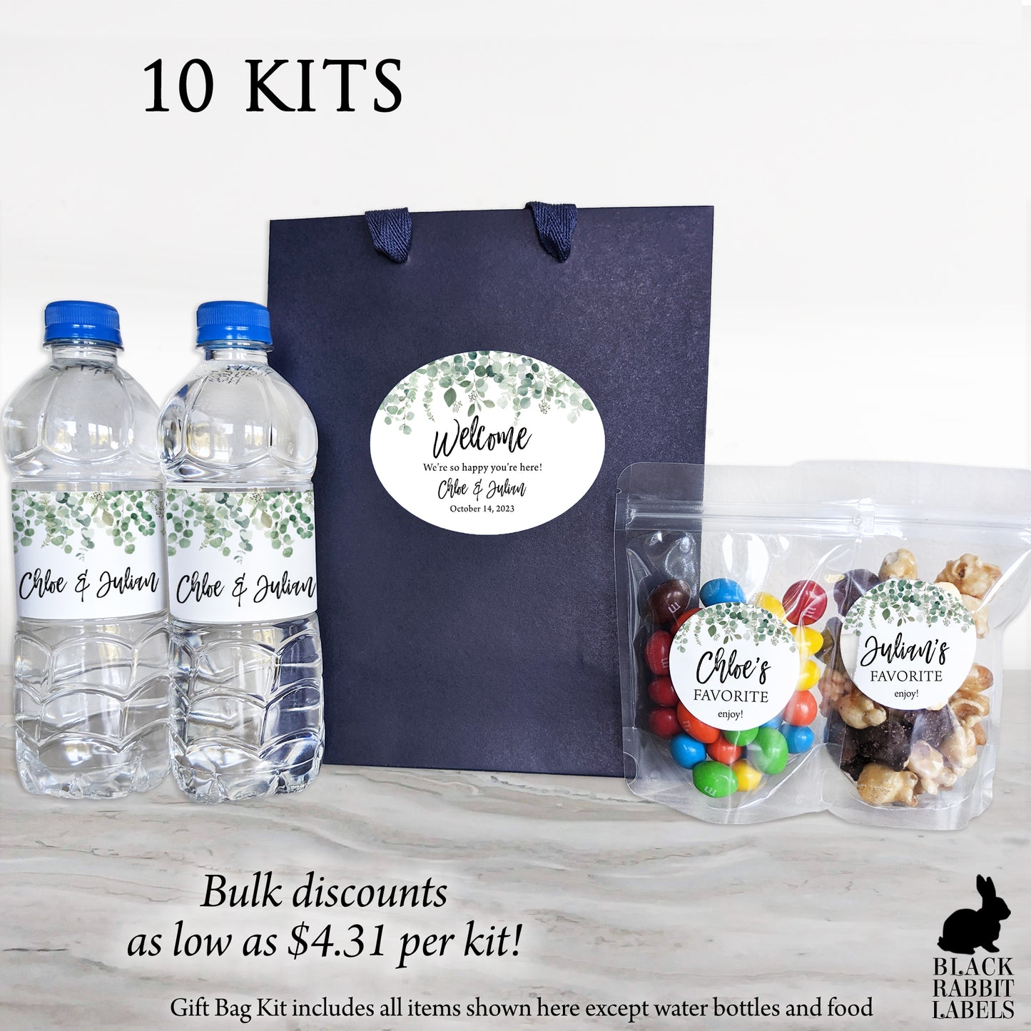 Welcome Bag Kit - Includes high quality gift bag with treat bags and customized labels -  Falling Eucalyptus / FE20