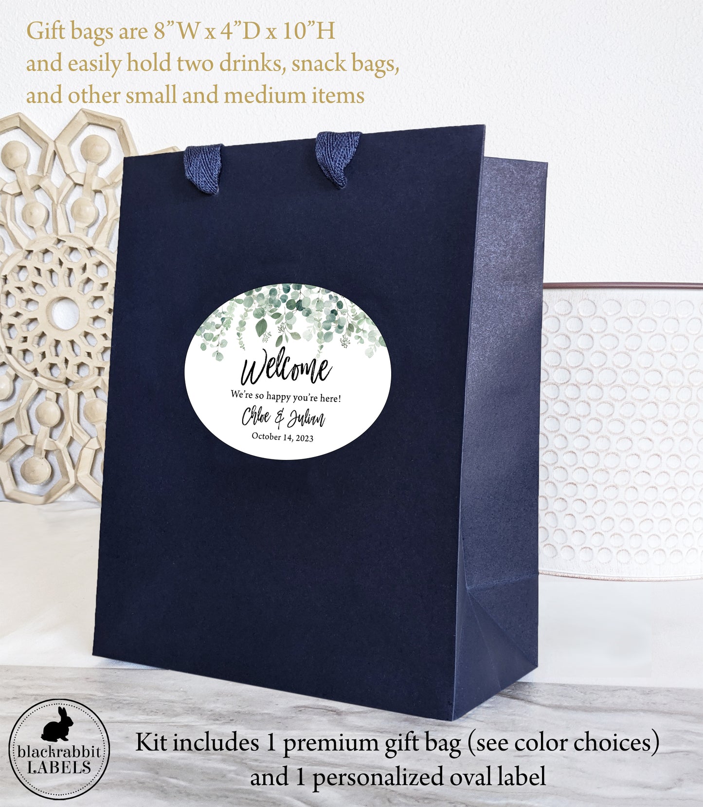 Welcome Bag Kit - Includes high quality gift bag with treat bags and customized labels -  Falling Eucalyptus / FE20