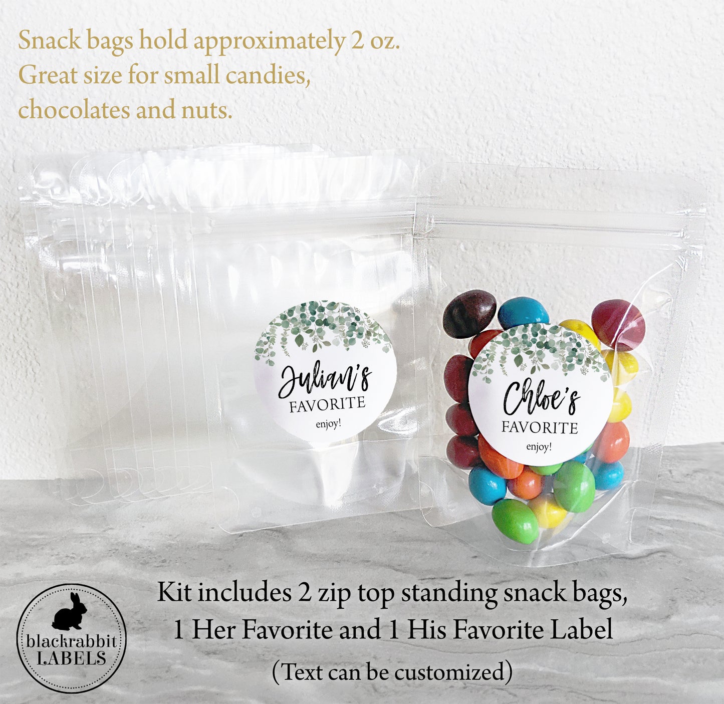Welcome Bag Kit - Includes high quality gift bag with treat bags and customized labels -  Falling Eucalyptus / FE20